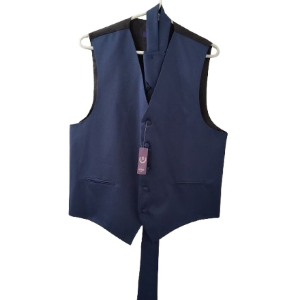 NEW Retro Men Navy Prom Formal Vest Set w/Neck Tie Hanky for Suit/Tux - Fit M-L